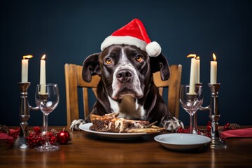 Close-up portrait of a dog wearing Santa hat celebrating Christmas. Table served for holiday dinner