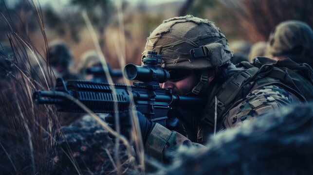 Close-up of skilled army sniper aiming with optical sight. Army elite troops marksman. Sports shooting and hunting concept. Military operation. Illustration for banner, poster, cover or brochure.