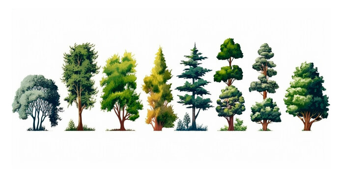 Set of various trees on white - AI generated image