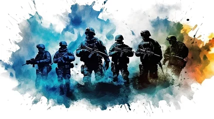 Fotobehang Combat infantry attack the enemy. Fully equipped soldiers of war run forward with rifles ready to shoot. Military operation in action. Special Forces. Squad running in formation. Army concept. © Login
