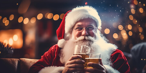 Santa Claus drinking beer at Christmas - obrazy, fototapety, plakaty