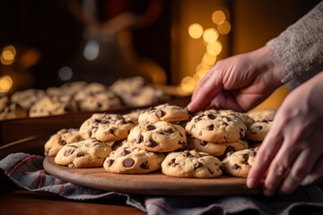 Freshly baked cookies with chocolate chips on top over a dark backdrop. Homemade baking - obrazy, fototapety, plakaty