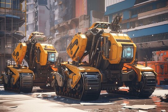 Advanced robotic construction vehicles in a modern city street with digital art style. Generative AI