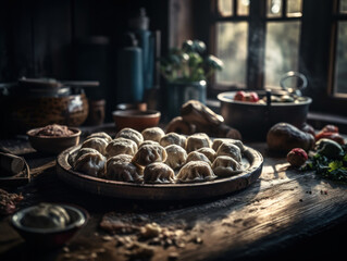 Fototapeta na wymiar Dumplings in a rustic kitchen