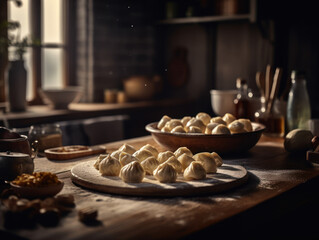 Dumplings in a rustic kitchen