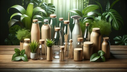 Eco-Friendly Transparent Glass Bottles on Wooden Table