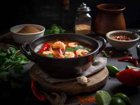 Tom Yum Soup in a rustic kitchen