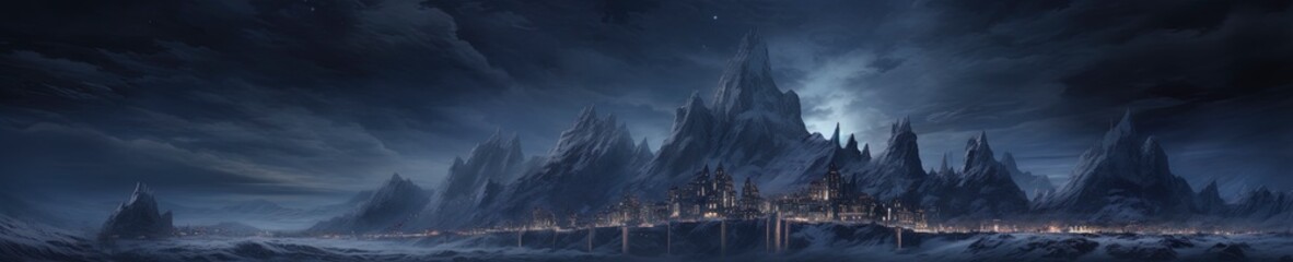 Old historic medieval fantasy castle in snow covered dark mountains at night. Blue Heus - obrazy, fototapety, plakaty