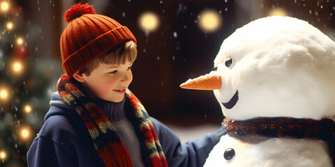 boy playing with snowman at christmas