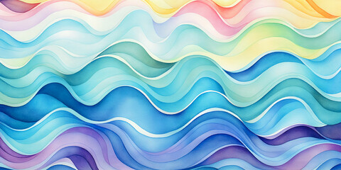 Nursery pastel calming waves cartoon. Blue, green, yellow abstract ocean water wave illustration. Nature sunny colorful seascape art prints. Wavy baby shower invitation background for girls and boys. 