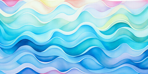 Fototapeta premium Nursery pastel calming waves cartoon. Blue, green, yellow abstract ocean water wave illustration. Nature sunny colorful seascape art prints. Wavy baby shower invitation background for girls and boys. 