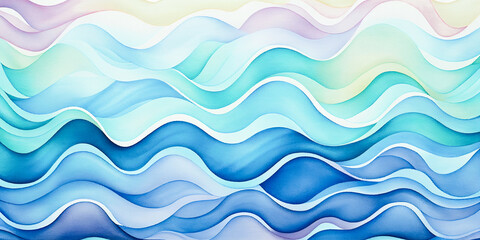 Nursery pastel calming waves cartoon. Blue, green, yellow abstract ocean water wave illustration. Nature sunny colorful seascape art prints. Wavy baby shower invitation background for girls and boys. 