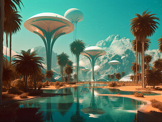 biotech powered oasis in extraterrestrial desert, generative ai