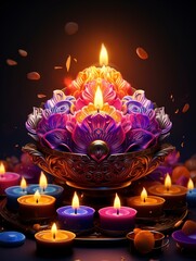 Happy Diwali - festival of lights colorful banner template design with decorative diya lamp, generative ai