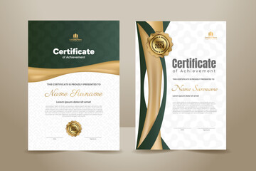 Luxury Certificate Template Design with Green and Golden Ornament. Vector Illustration