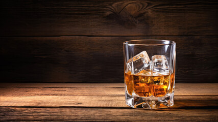 Whiskey on the rocks with ice cubes on a wooden background