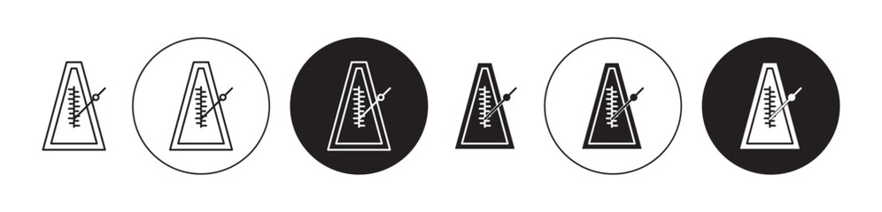 Classic metronome line icon set. Vintage rhythm swinging metronome symbol in black filled and outlined style.