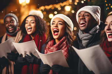 Multiracial choir carollers singing traditional Christmas carols outdoors - obrazy, fototapety, plakaty