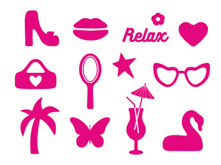 Glamorous trendy set of pink stickers. Cute stickers, objects isolated on white background. Tree, lips, flower, shoe, star, logo: collection in a minimalist style. for print,  png. barbie  style