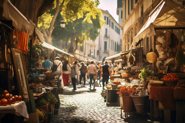 A photo of a bustling street market in Rome - obrazy, fototapety, plakaty
