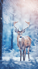 Christmas greeting card with beautiful deer in magical snowy forest, vertical format