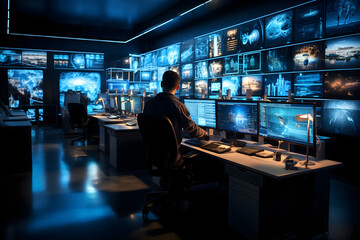 security room with a lot of screens control room, surveillance - obrazy, fototapety, plakaty