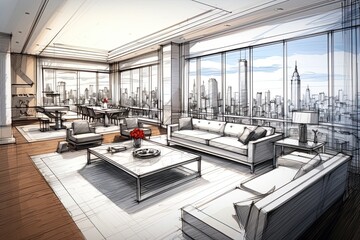 Interior design of a New York city apartment. Sketch drawing, blueprint design. Generative Ai
