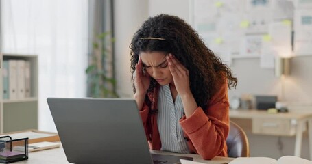 Frustrated woman, laptop and headache in mistake, stress or depression from overworked at office. Tired and exhausted female person with migraine in fail, burnout or anxiety on computer at workplace - Powered by Adobe
