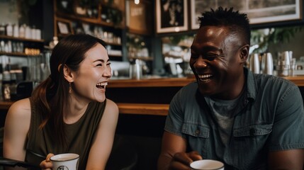 Couple of African American man and Asian woman in a cafe