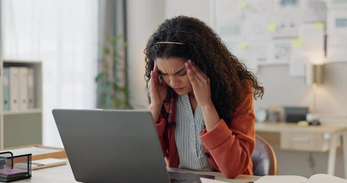Frustrated woman, laptop and headache in mistake, stress or depression from overworked at office. Tired and exhausted female person with migraine in fail, burnout or anxiety on computer at workplace