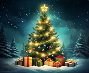 Obraz premium Outdoor Christmas tree with bright lights and presents. Winter landscape with snow