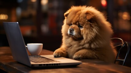 Chow Chow Dog programmer. Dog Chow Chow developer. Horizontal Banner Poster Background for web. Photo Ai Generated - obrazy, fototapety, plakaty