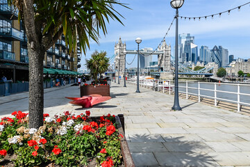 London, UK, 3 September 2023: Butler's Wharf Pier with views of Tower Bridge and  River Thames 