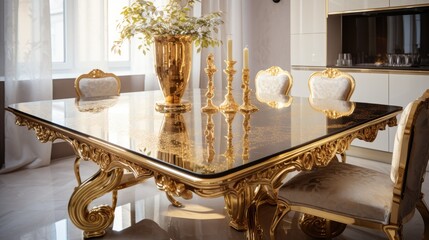 A touch of grandeur: Step into a world of luxury with a gold plated baroque kitchen table, an epitome of opulence, providing a perfect backdrop for presenting elite interior design and upscale living