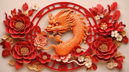 Chinese new year 2024 year of the dragon red and gold flower and asian elements paper cut with craft style on background