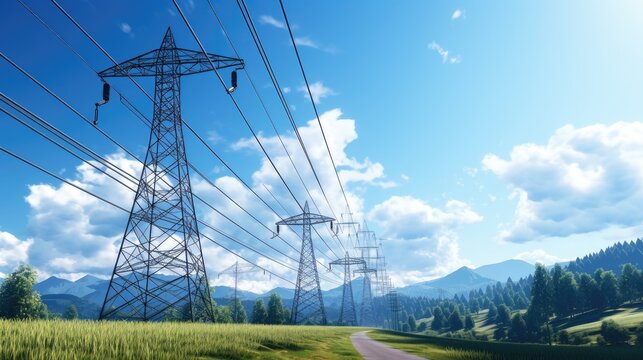 Electric horizons: The sun shines on high-voltage power lines, showcasing the towering structures that underpin our electricity infrastructure, against a vibrant blue sky backdrop