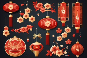 2024 New Year set, fireworks, abstract elements, flowers, clouds, lanterns - obrazy, fototapety, plakaty