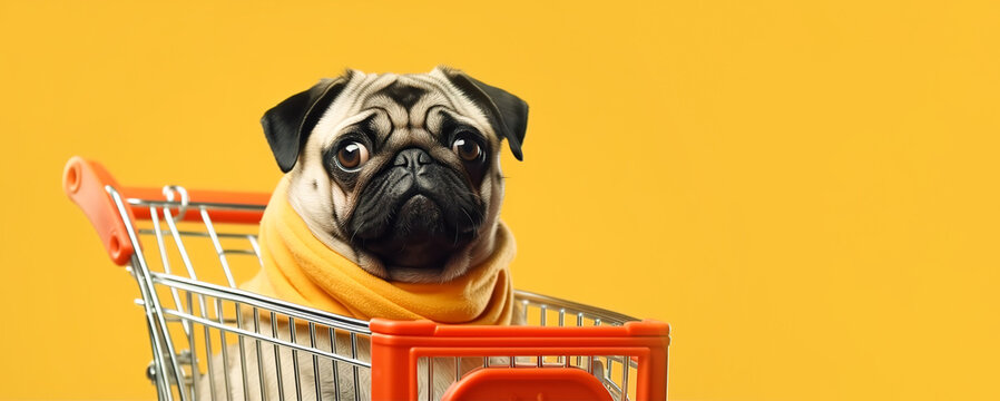 Cute pug in a supermarket cart on a yellow background. Banner, copy space.