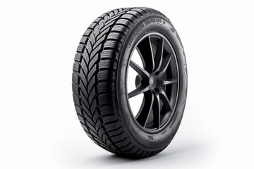 Rubber vehicle tire on white background, car tire isolated, car tire closeup, car tire in white background