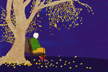 Ilustracja stara samotna kobieta na ławce w parku pod jesiennym drzewem.