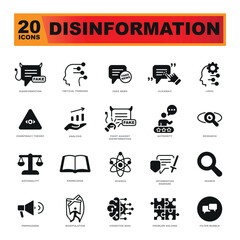 Set of disinformation vector icons. Icons perfect for a website. Fight with fake news. Think critical!