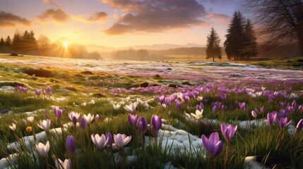 Awaken to spring's beauty: A captivating panorama of a blooming meadow, adorned with spring knot flowers, snowdrops, and crocuses, bathed in the gentle morning sun's glow