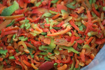 Meat and vegetables in a goulash cauldron