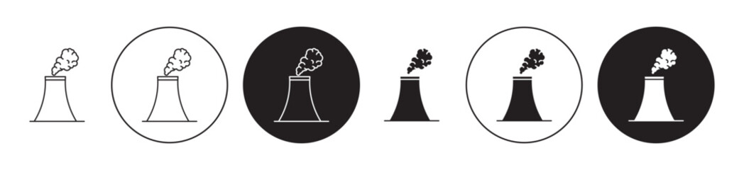 Cooling tower line icon set. Thermal nuclear power plant tower icon in black color. Nuclear reactor station steam chimney icon in black color for ui designs.