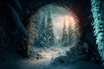 snowy enchanted woods north pole magical mysterious bright and colorful realistic 4k  - obrazy, fototapety, plakaty