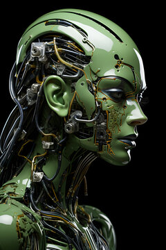 Cyborg Profile in the shades of Honeydew - Green and Black. Futuristic AI concept. Corporate Tech Big Data.