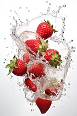 strawberries falling into a splash of water isolated from its background