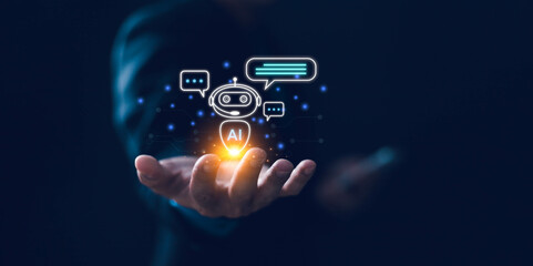 Ai chatbot, artificial intelligence tech chatbot, automated robot assistant technology, businessman use phone chat message to AI bot chat for generated data,robot application, conversation assistant.