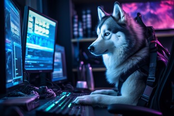 Dog Husky code developer. Husky Dog hacker. Horizontal banking background for web. Photo AI Generated
