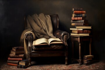 still life. books armchair - obrazy, fototapety, plakaty